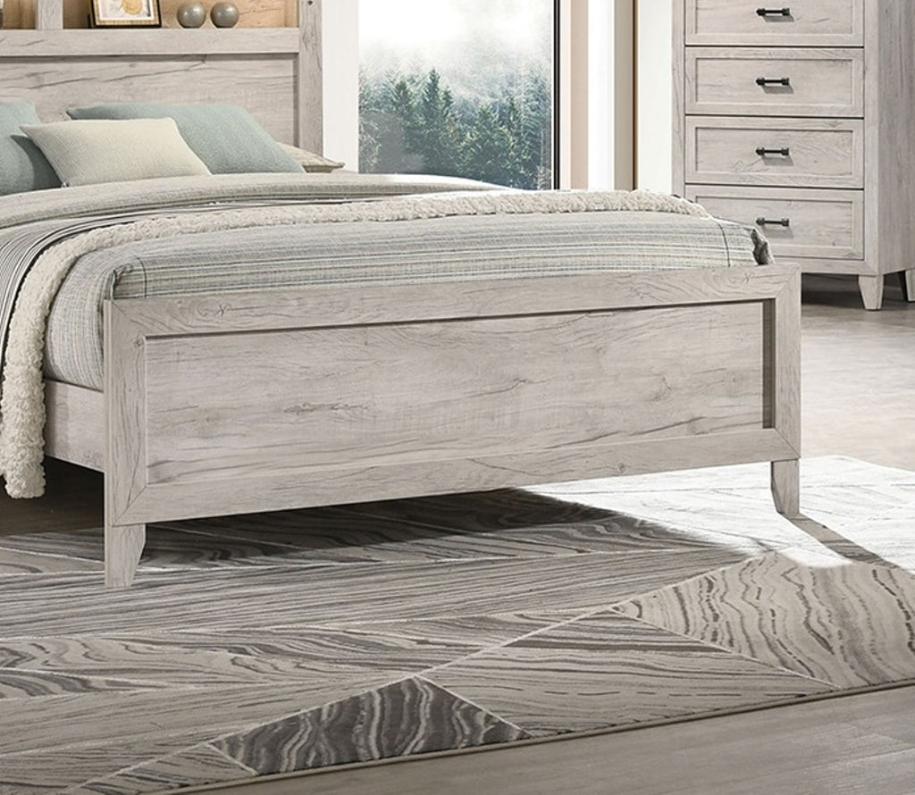 3pc Bedroom Furniture White wash Finish Queen Size Bed w Shelf Light 2x Nightstands Melamine Top Black Bar Pull