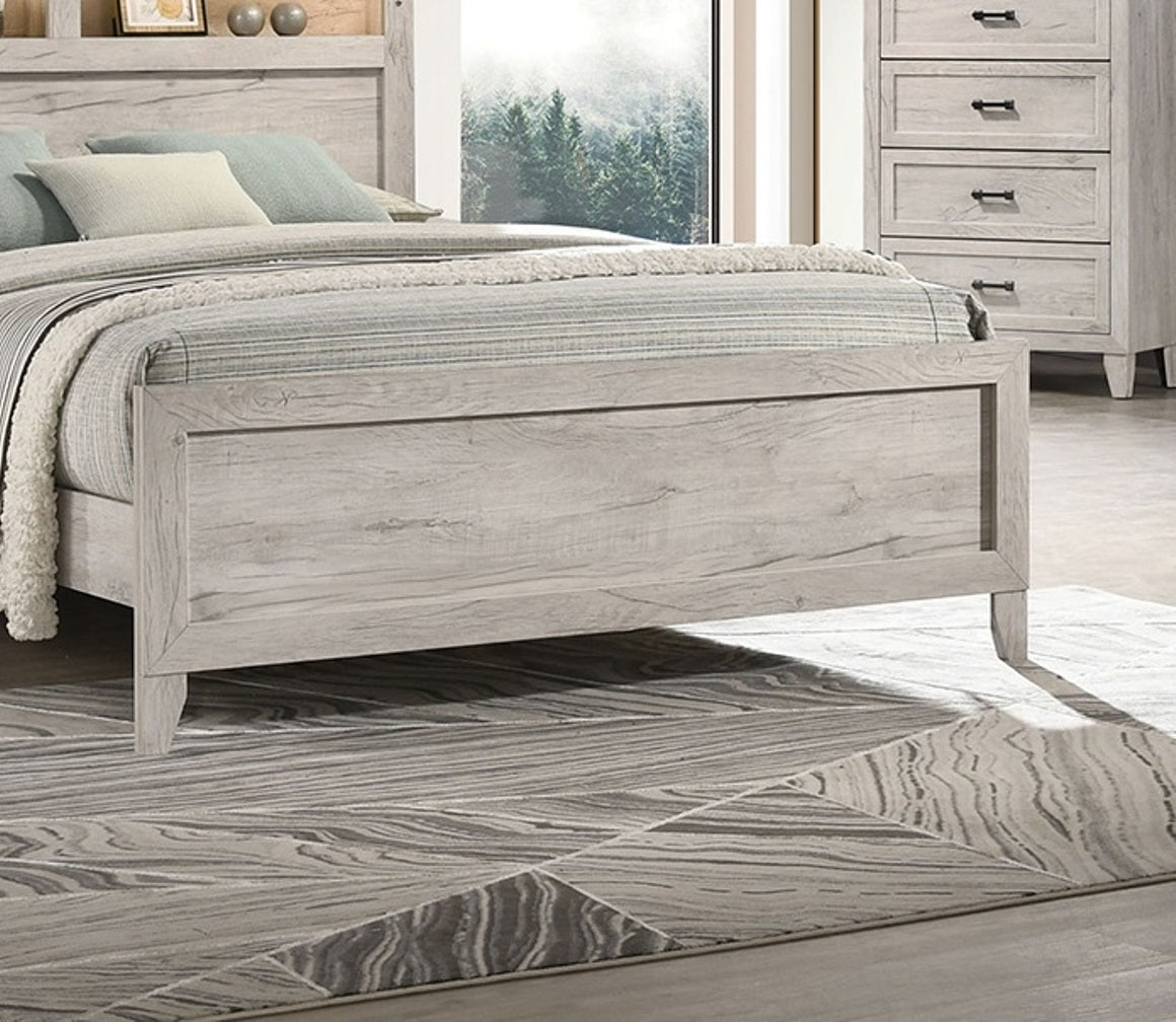 3pc Bedroom Furniture White wash Finish Queen Size Bed w Shelf Light 2x Nightstands Melamine Top Black Bar Pull