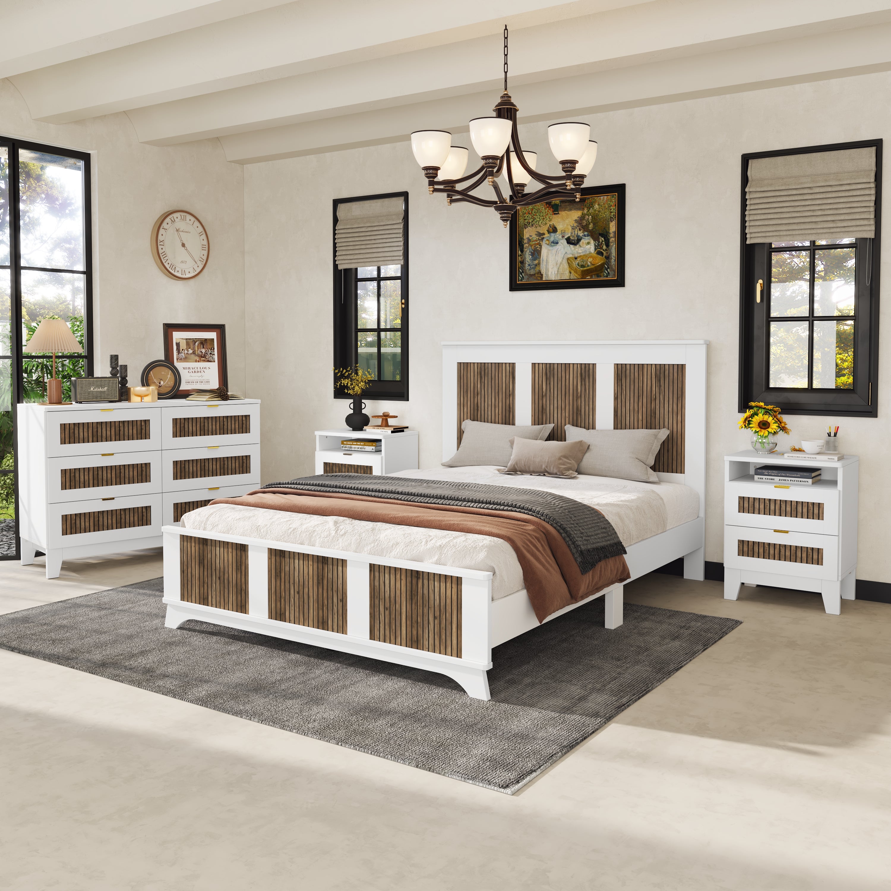 4-Pieces Bedroom Sets, Queen Size Farmhouse Platform Bed with Wooden Strip Stickers Decoration, Storage Nightstand and Dresser with Metal Handle