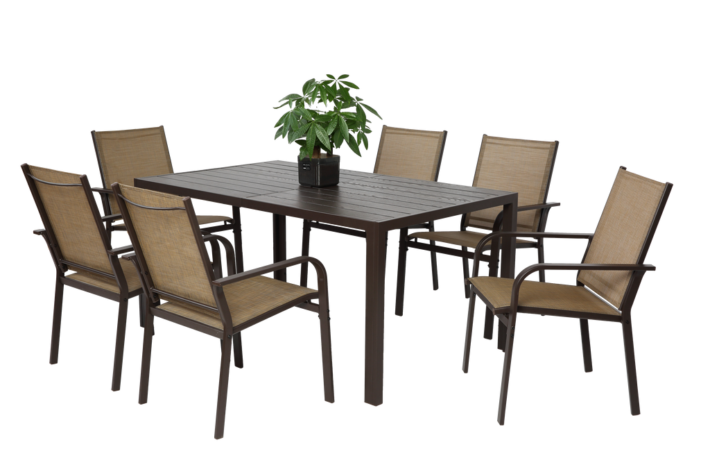7 Pieces Patio Dining Set, Outdoor Furniture Table and 6 Textilene Chairs, Outdoor Furniture with Rectangular Table and 6 Stackable Chairs Family Conversation Set for Garden Backyard Deck-Brown