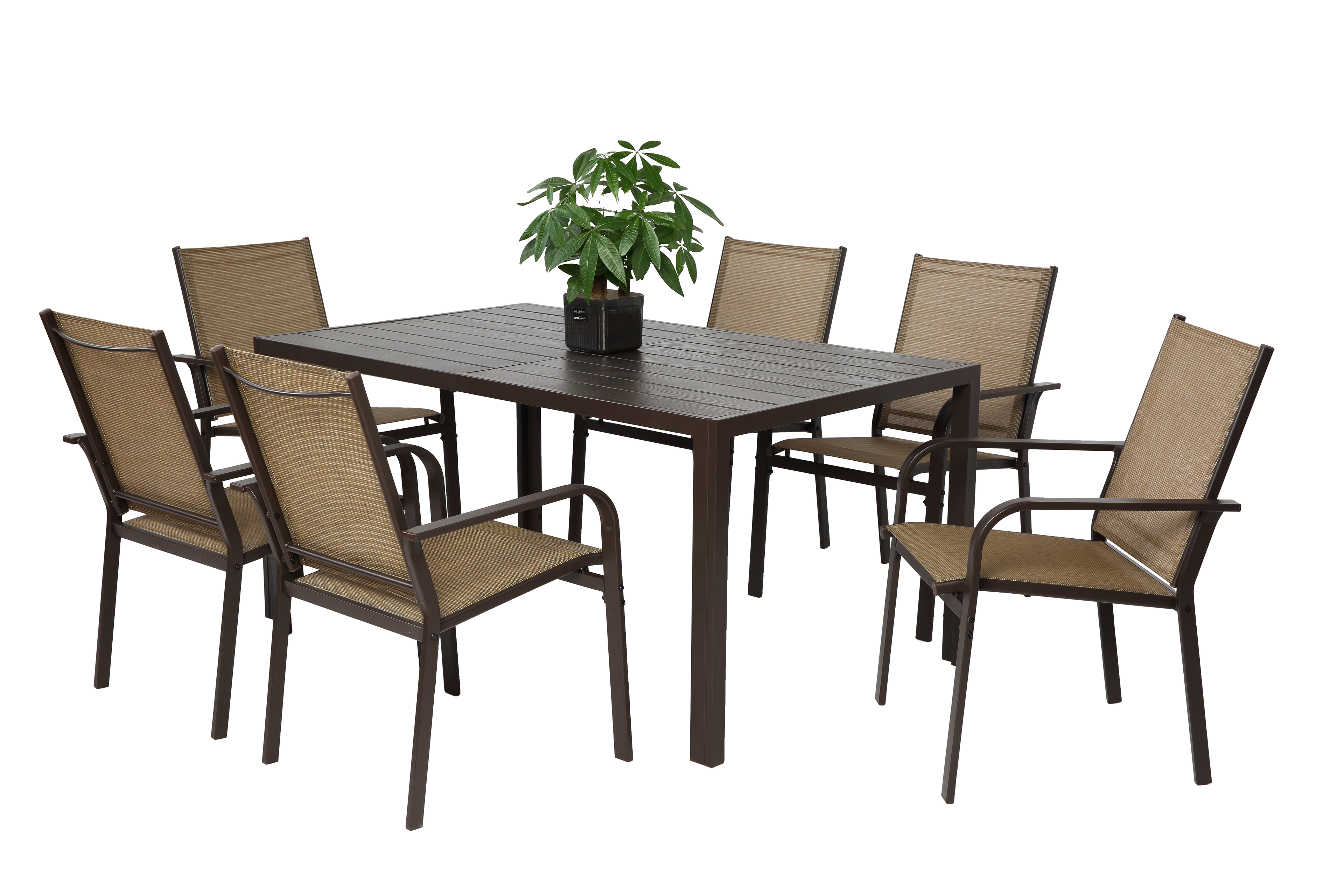 7 Pieces Patio Dining Set, Outdoor Furniture Table and 6 Textilene Chairs, Outdoor Furniture with Rectangular Table and 6 Stackable Chairs Family Conversation Set for Garden Backyard Deck-Brown
