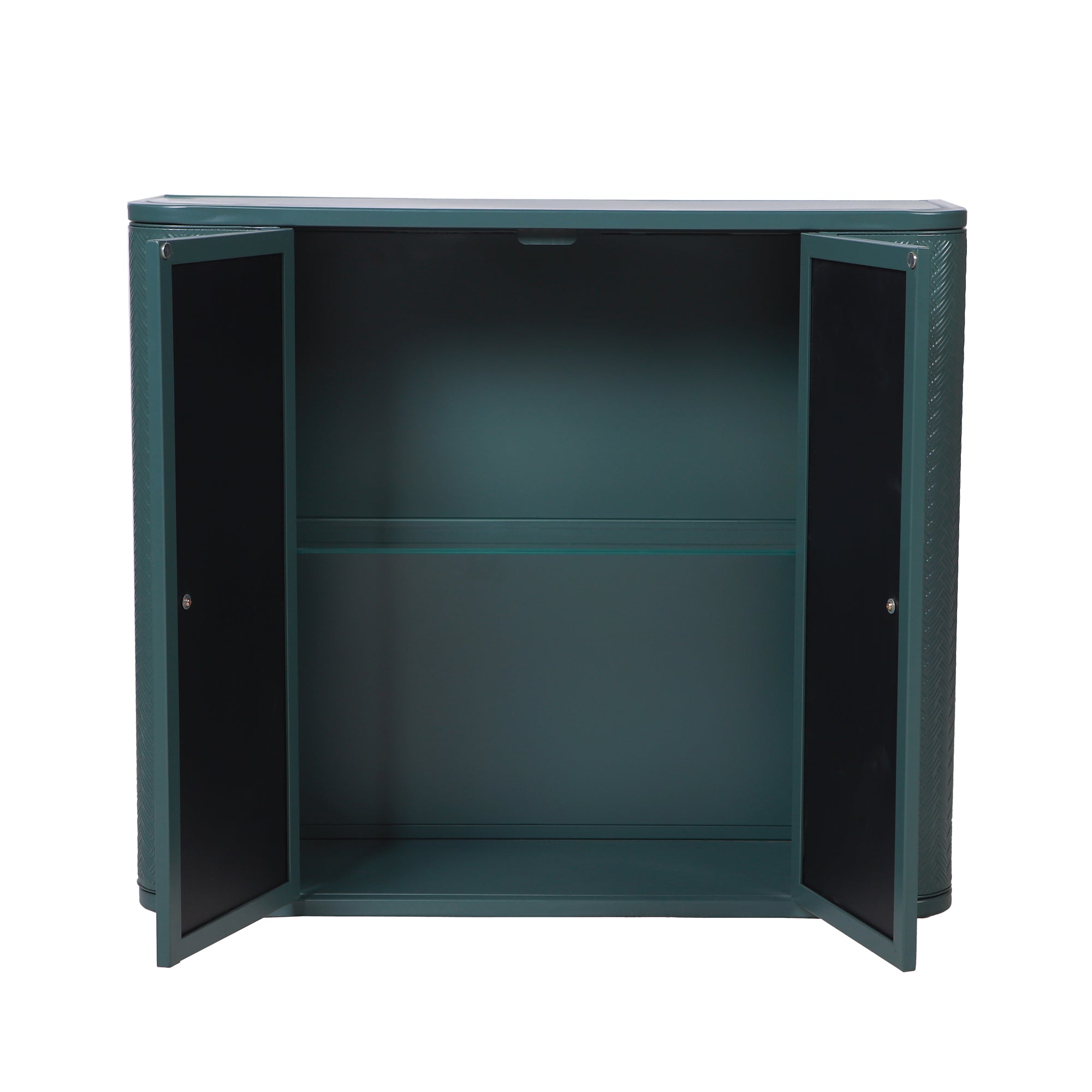 Army Green Wall-Mounted Bathroom Cabinet with Mirror, 2 Mirrored Doors & Open Shelf, Farmhouse Metal Frame Storage Cabinet with Open Compartment for Vanity, Toilet & Over-the-Sink