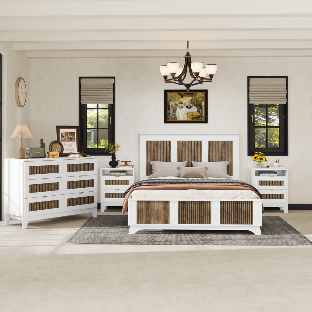 4-Pieces Bedroom Sets, Queen Size Farmhouse Platform Bed with Wooden Strip Stickers Decoration, Storage Nightstand and Dresser with Metal Handle