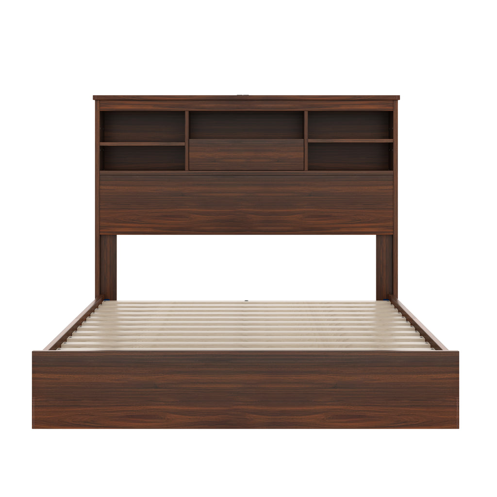 4PCS Bedroom Sets, Wooden Queen Size Bed Frame with Storage Headboard and Charging Station, 2 Nightstands with 2 Drawers, 1 Dresser with 5 Drawers, Walnut(old SKU HL000102AAD)