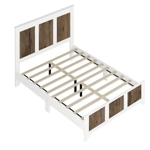 4-Pieces Bedroom Sets, Queen Size Farmhouse Platform Bed with Wooden Strip Stickers Decoration, Storage Nightstand and Dresser with Metal Handle