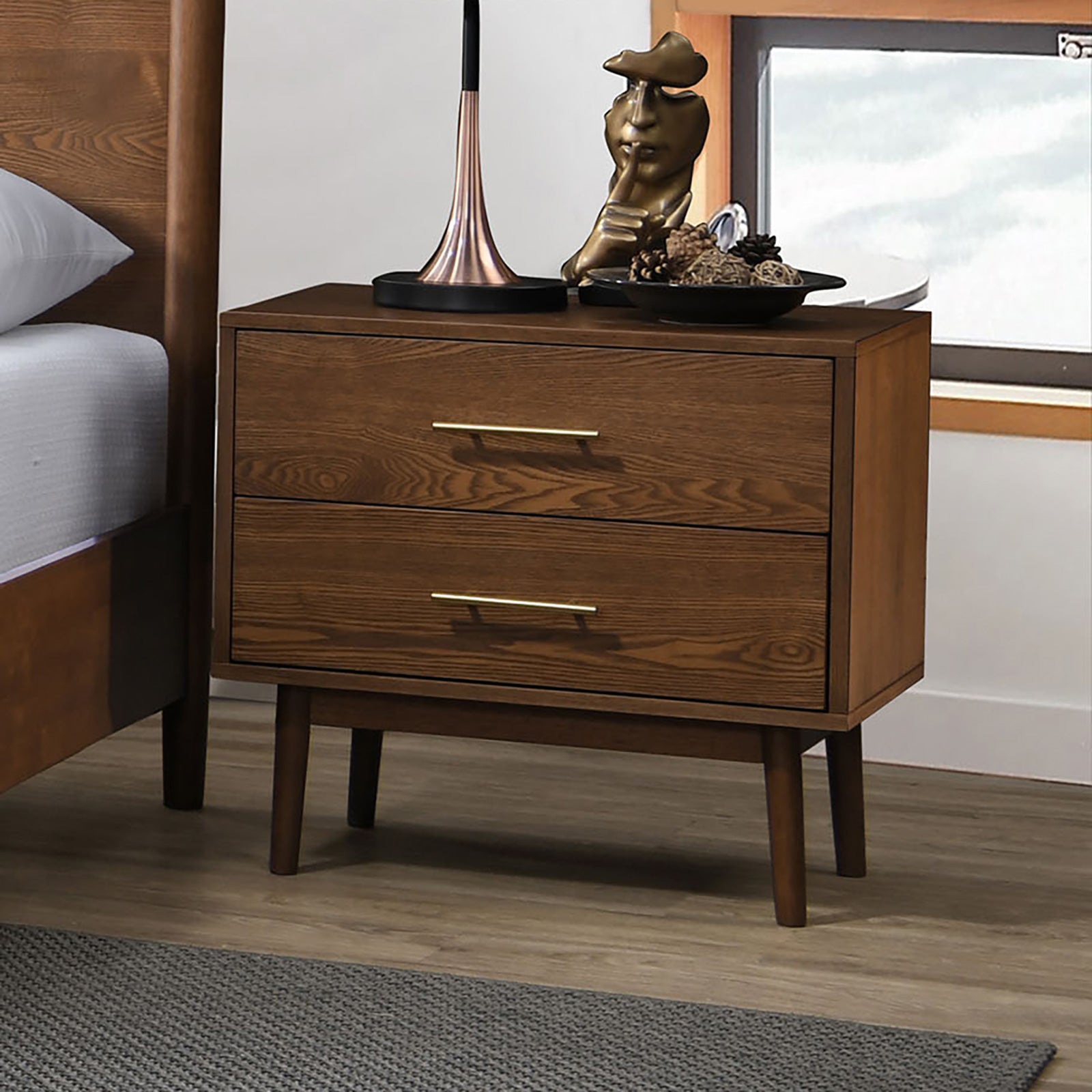 Platform Bed Walnut Color 3pc Bedroom Set King Size Bed 2x Nightstands Wooden Mid-Century Modern Style