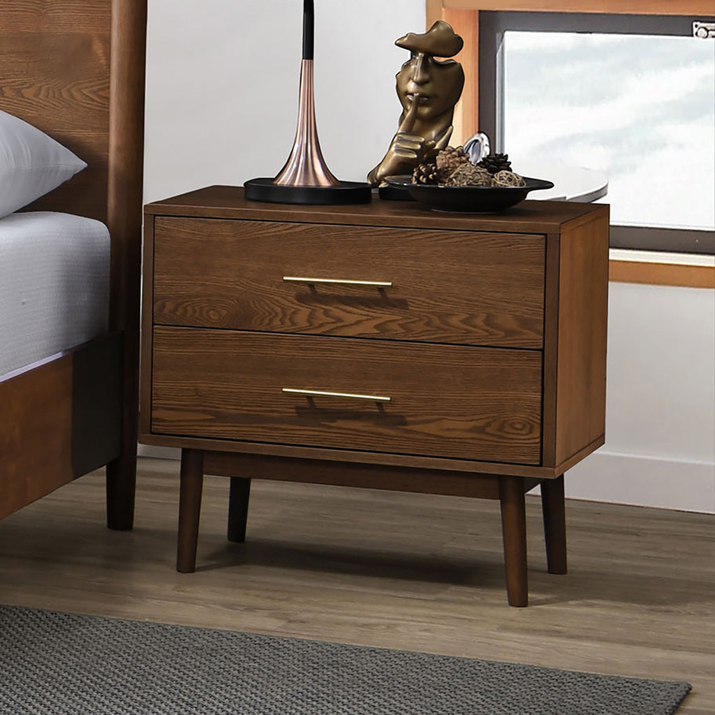 Walnut Color 3pc Bedroom Set Eastern King Size Bed 2x Nightstands Beige Upholstered Fabric Panel HB Mid-Century Modern Style
