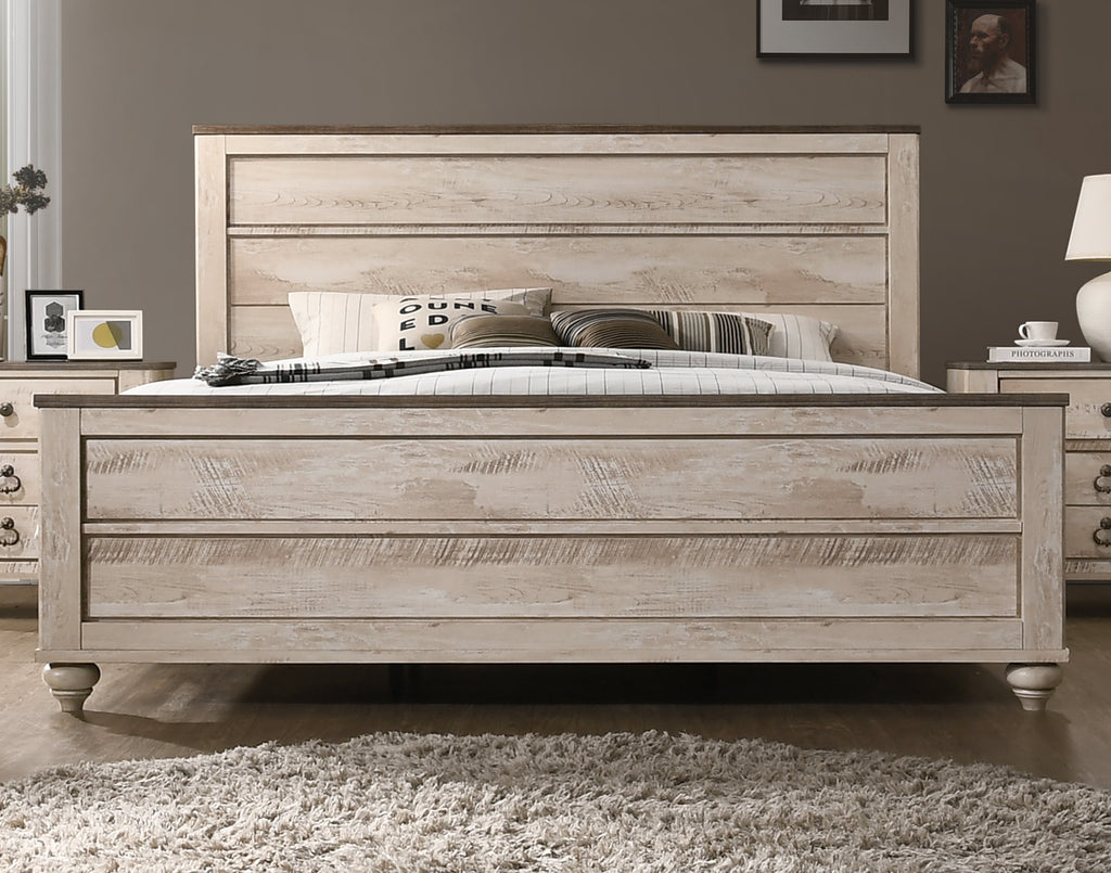 Qraawla Contemporary White Wash Finish 5-Piece Bedroom Set-King Bed, Dresser, Mirror, 2 Nightstands