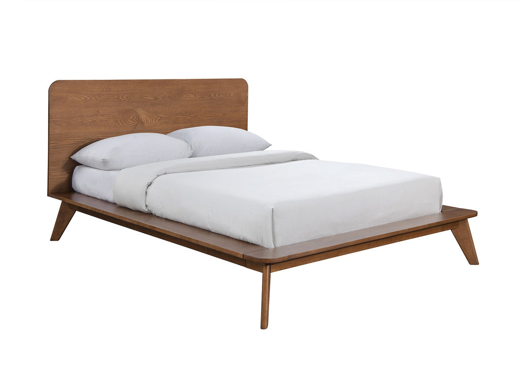 Platform Bed Walnut Color 3pc Bedroom Set King Size Bed 2x Nightstands Wooden Mid-Century Modern Style