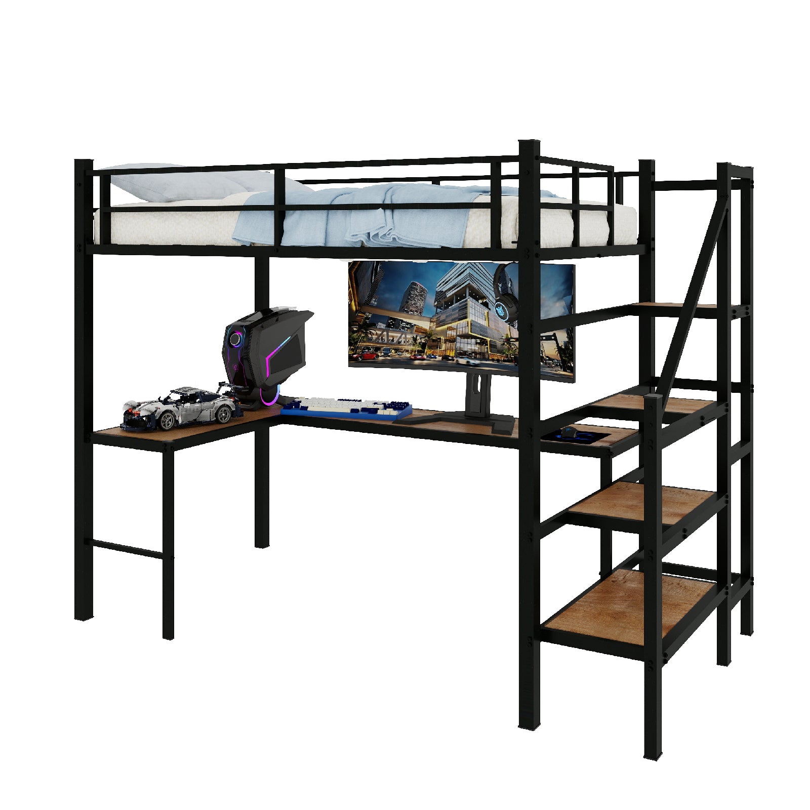 Loft bed with L-shaped desk, large storage space and storage compartments, sturdy bed frame with stairs, continuous belt railing, space-saving, noiseless, no elephant springs required