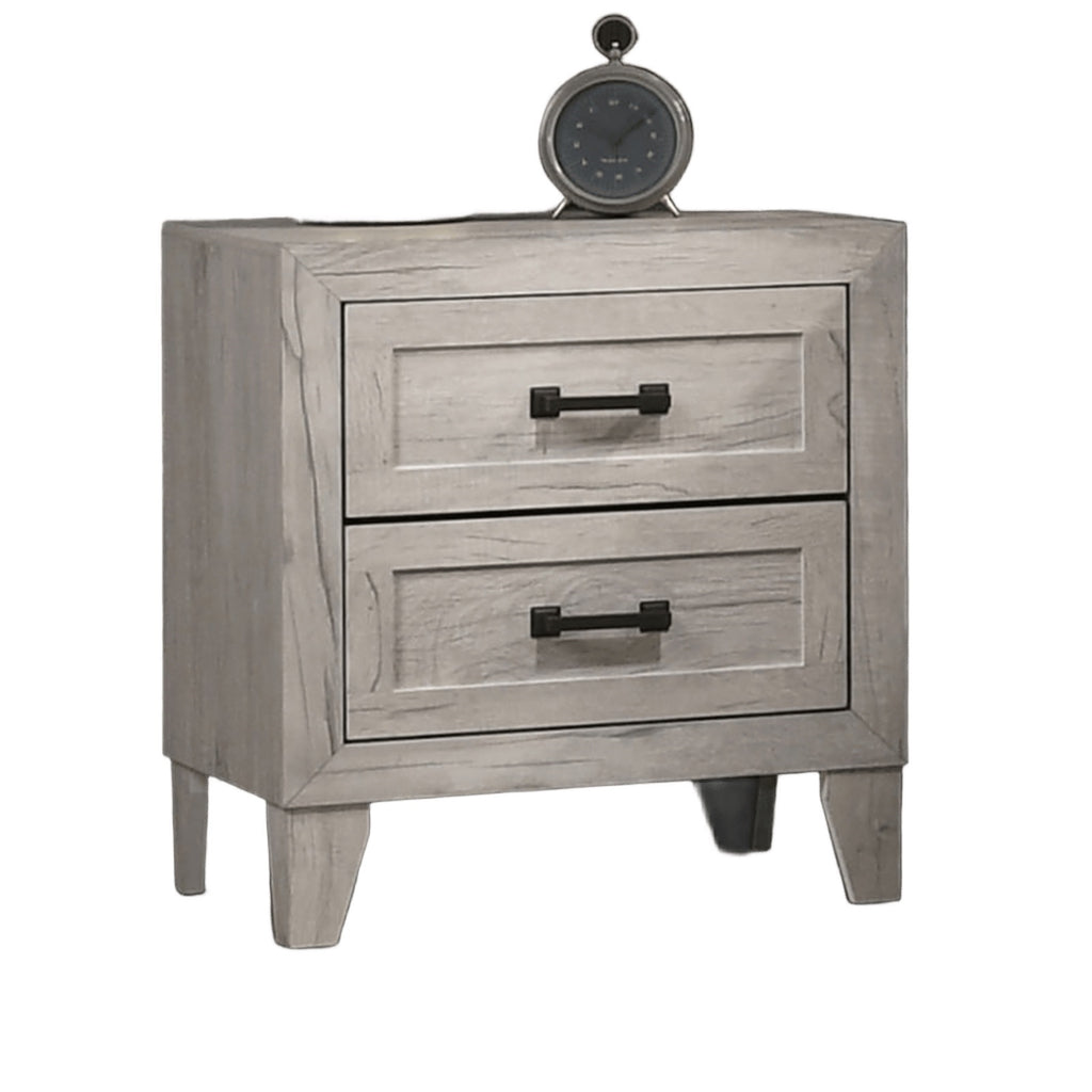 3pc Bedroom Furniture White wash Finish Queen Size Bed w Shelf Light 2x Nightstands Melamine Top Black Bar Pull