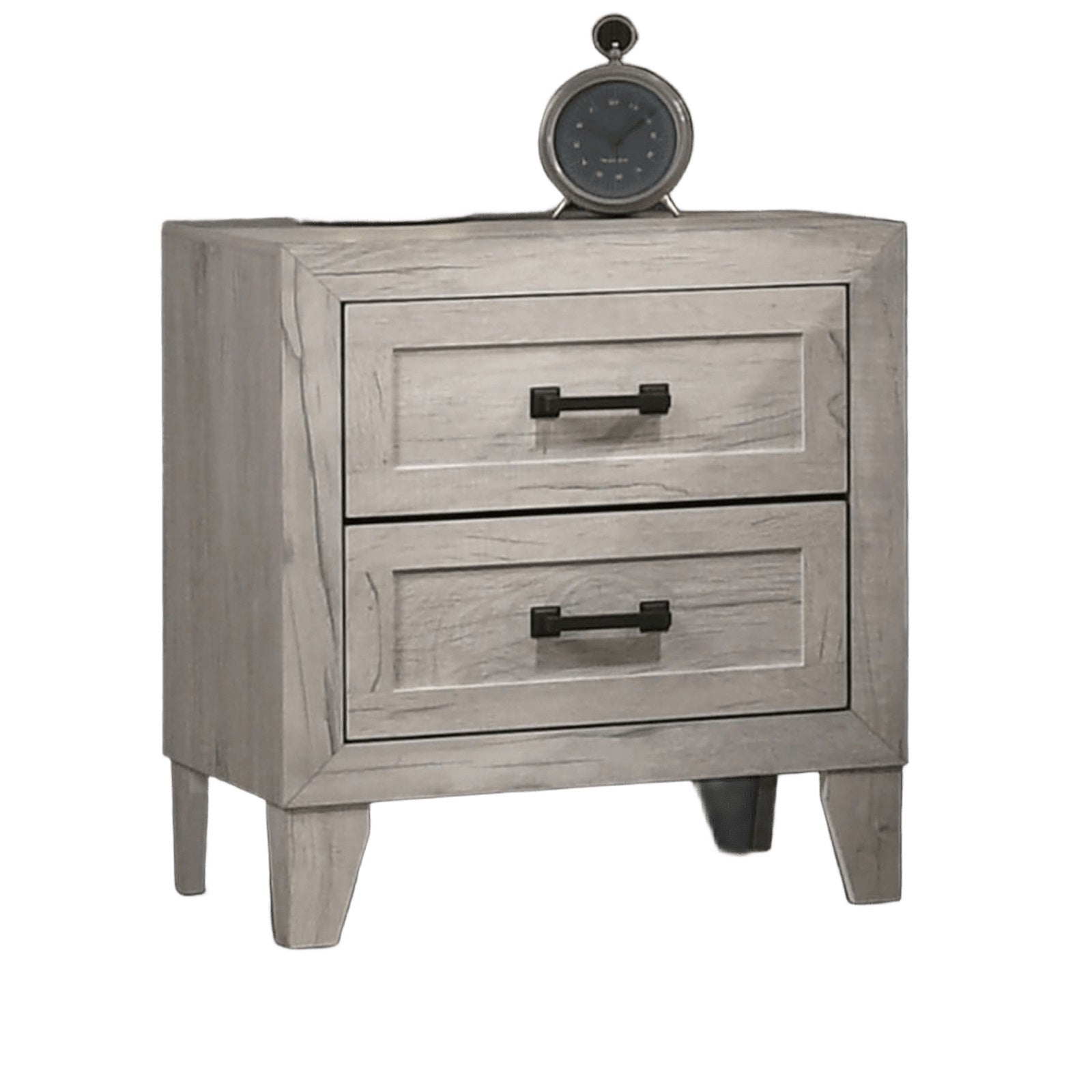3pc Bedroom Furniture White wash Finish Queen Size Bed w Shelf Light 2x Nightstands Melamine Top Black Bar Pull