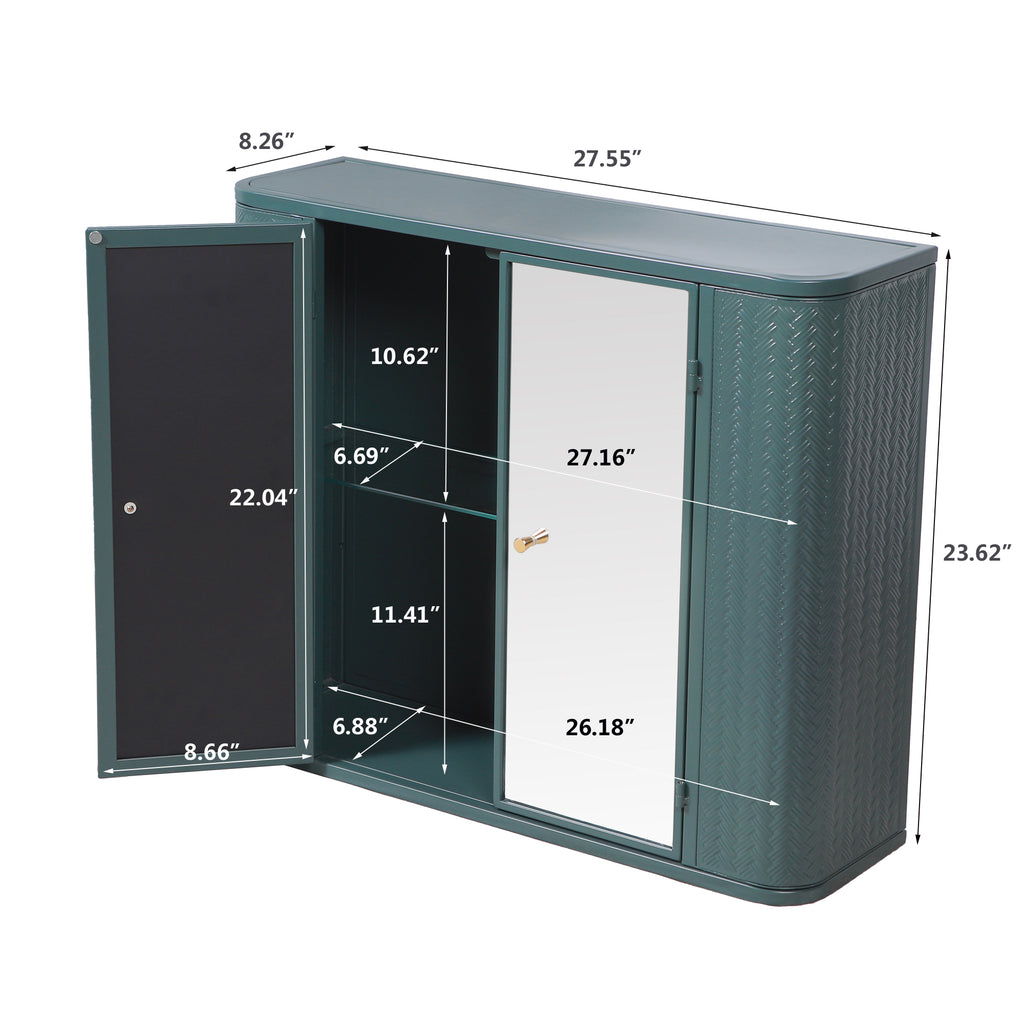 Army Green Wall-Mounted Bathroom Cabinet with Mirror, 2 Mirrored Doors & Open Shelf, Farmhouse Metal Frame Storage Cabinet with Open Compartment for Vanity, Toilet & Over-the-Sink