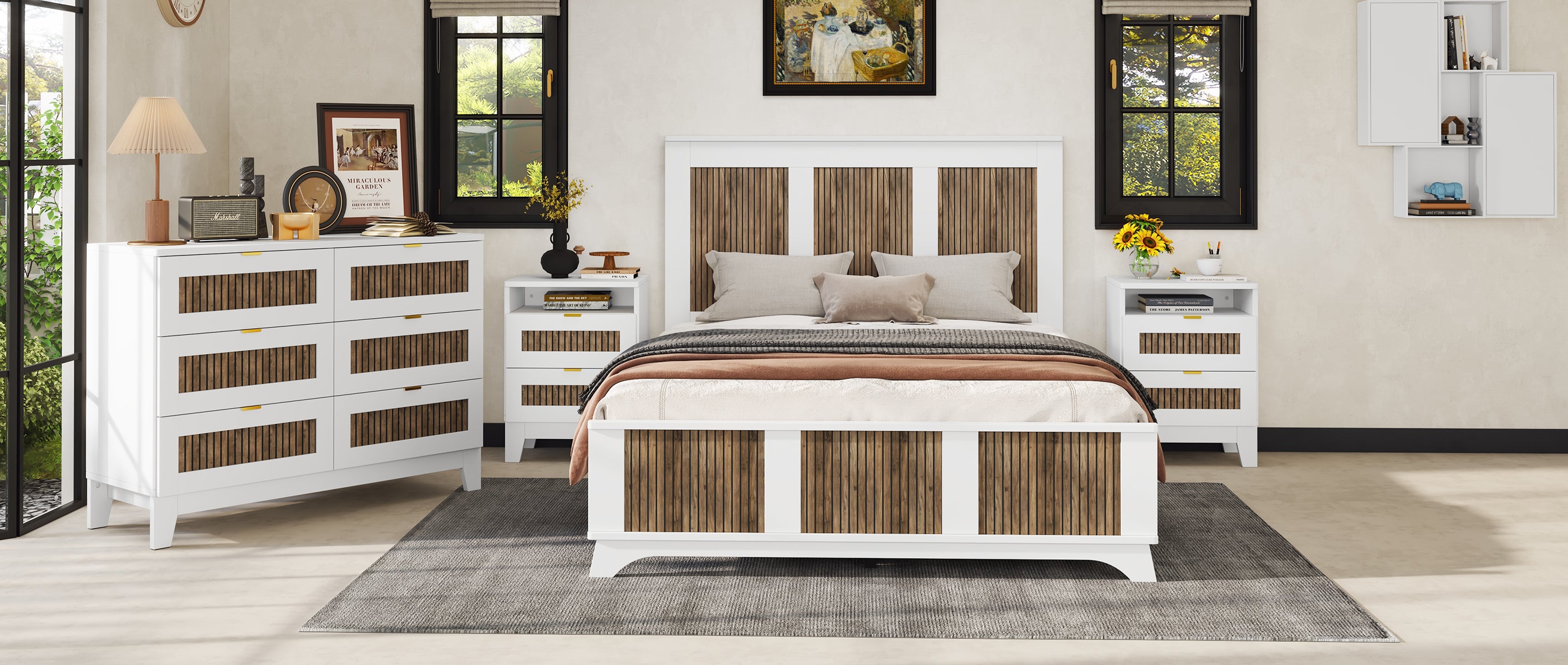 4-Pieces Bedroom Sets, Queen Size Farmhouse Platform Bed with Wooden Strip Stickers Decoration, Storage Nightstand and Dresser with Metal Handle