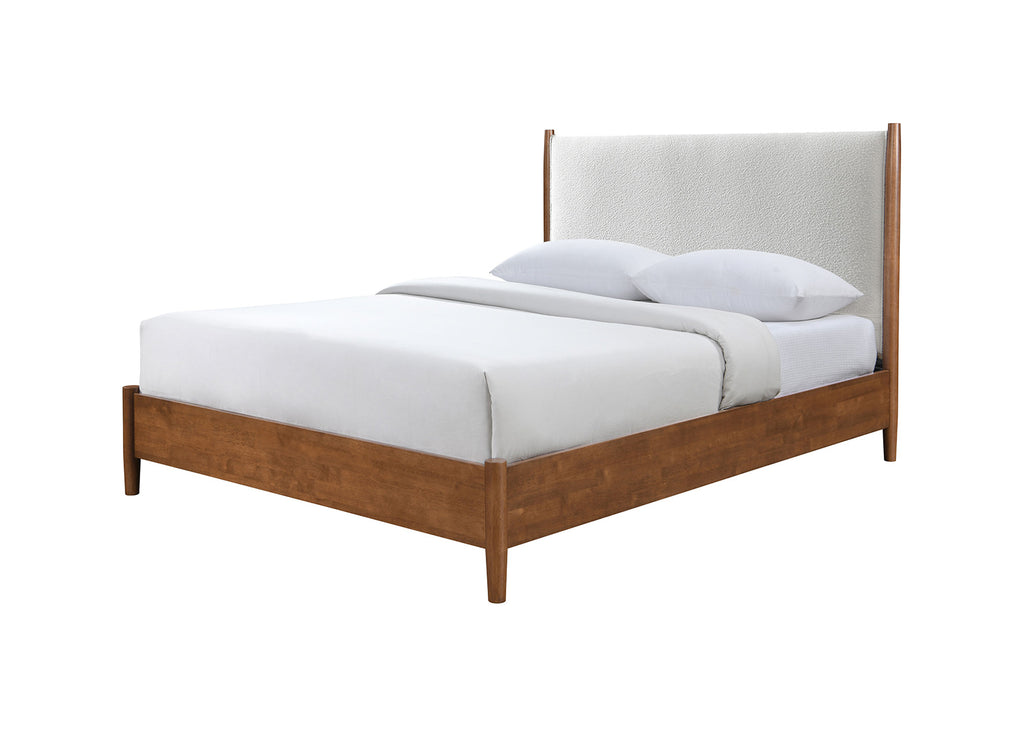 Walnut Color 3pc Bedroom Set Eastern King Size Bed 2x Nightstands Beige Upholstered Fabric Panel HB Mid-Century Modern Style