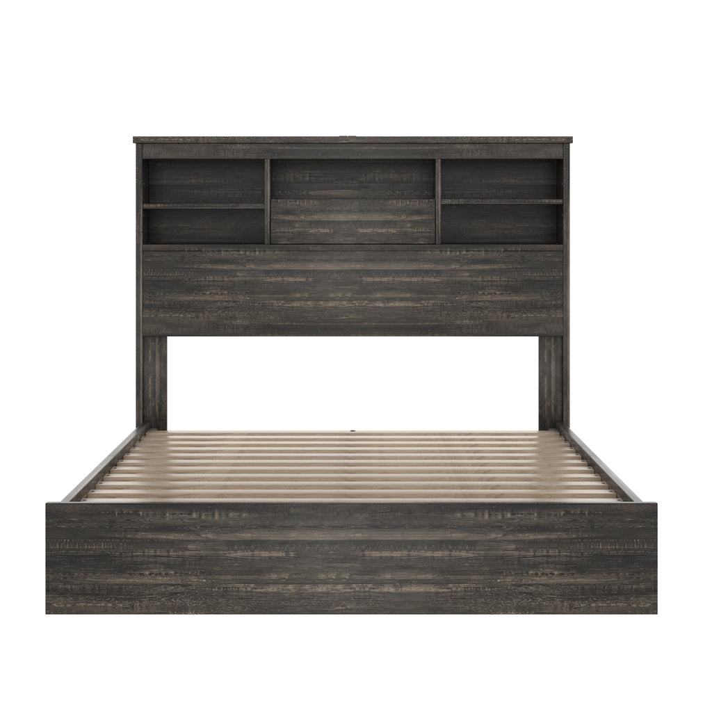 4PCS Bedroom Sets, Wooden Queen Size Bed Frame with Storage Headboard and Charging Station, 2 Nightstands with 2 Drawers, 1 Dresser with 5 Drawers, Antique Gray