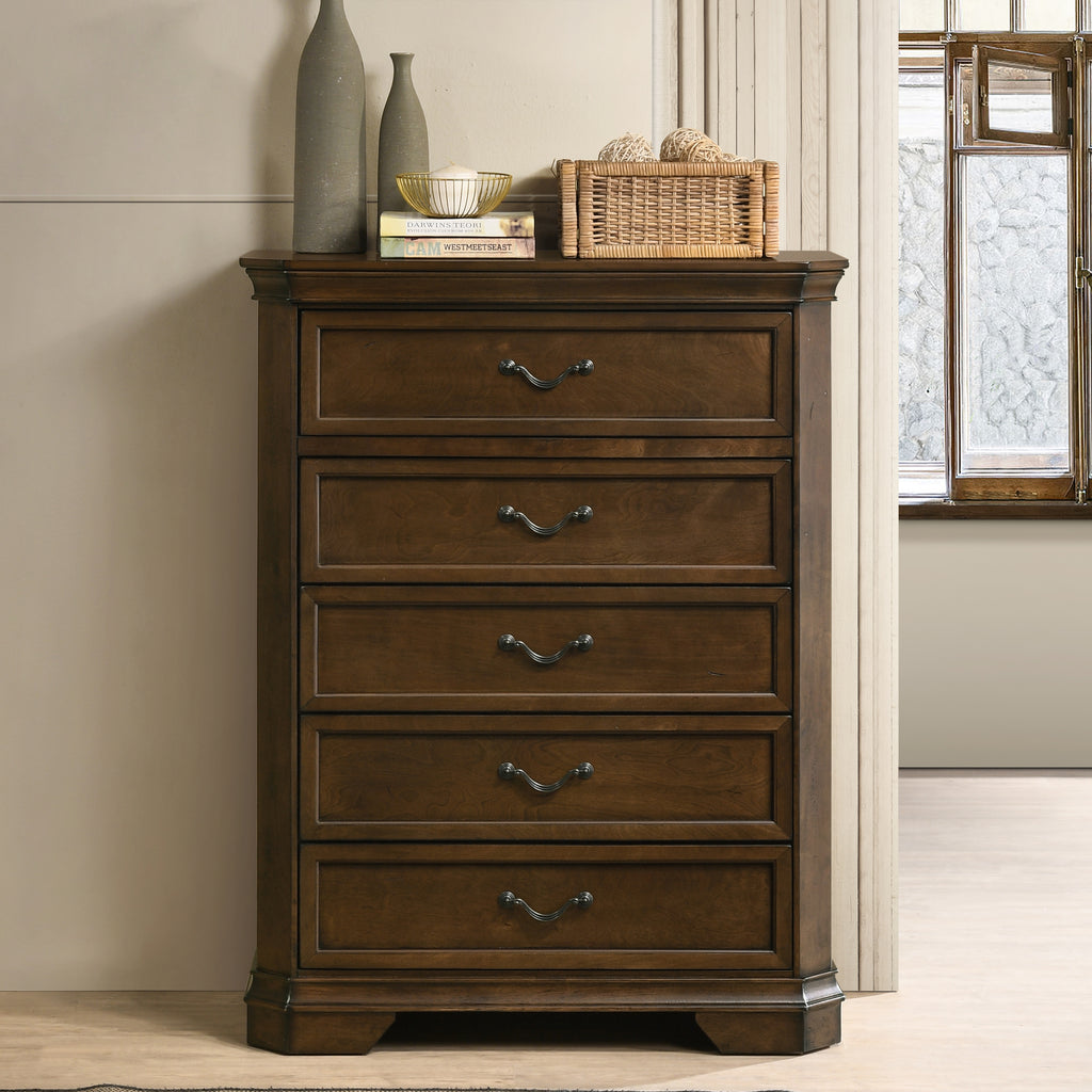 Maderne Traditional Wood Panel 6 pieces Queen Bed set with Dresser, Mirror, Two Nightstands, Chest
