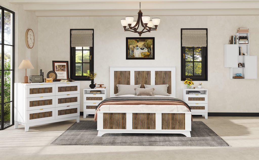 4-Pieces Bedroom Sets, Queen Size Farmhouse Platform Bed with Wooden Strip Stickers Decoration, Storage Nightstand and Dresser with Metal Handle
