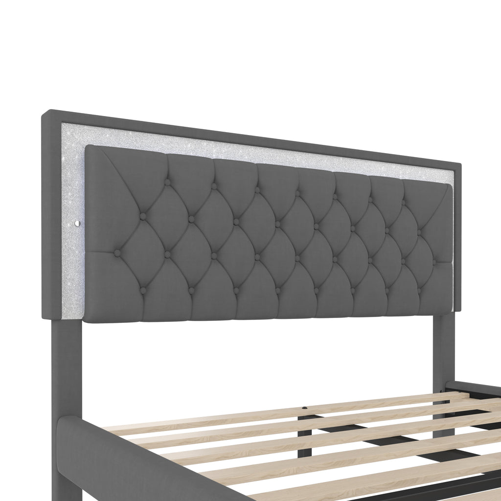 3-Pieces Bedroom Sets,Queen Size Upholstered Platform Bed with LED Lights and Two Nightstands-Gray