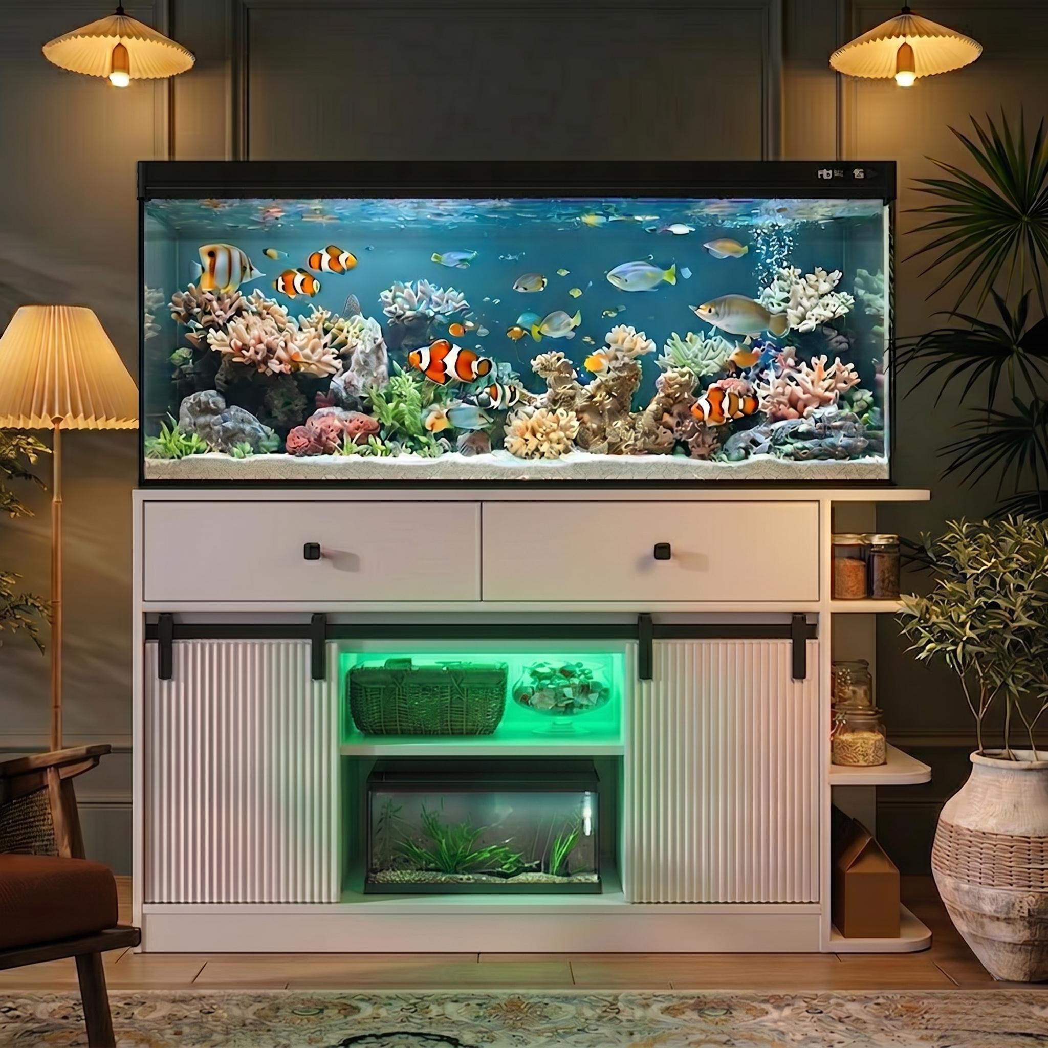 75 Gallon Fish Tank Stand with LED Light &Power Outlets, 55-75 Gallon Aquarium Stand with Sliding Fluted Doors, 2 Large Cabinet and Storage Shelves, Cabinet for 2 Fish Tank Accessories Storage,1200 LB