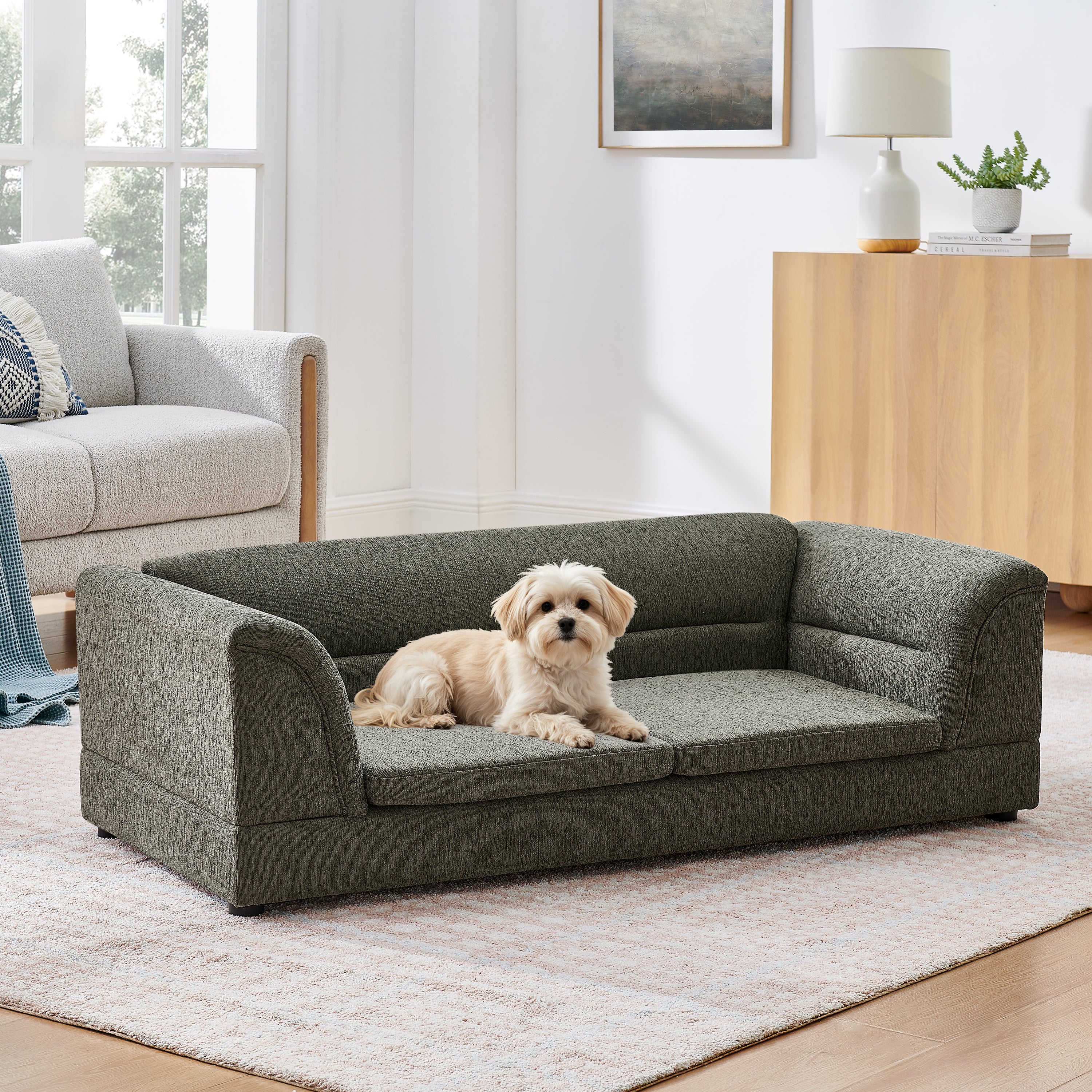 Oversized Pet Sofa, Curved Armrest Rectangular Dog Sofa, Linen Fabric Comfort Pet Couch for Large & Oversized Dogs-Dark Gray