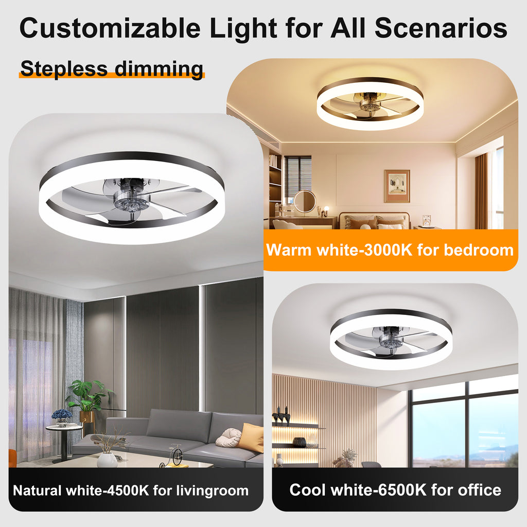 19.7'' LED Ceiling Fan Light with Remote & App Control, 6 Speeds, Dimmable, 3000K-6500K, Flush Mount BLACK Fandelier for Bedroom