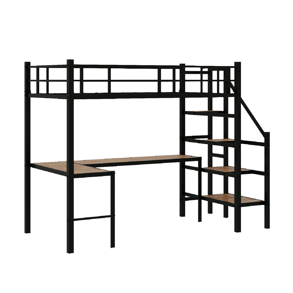 Loft bed with L-shaped desk, large storage space and storage compartments, sturdy bed frame with stairs, continuous belt railing, space-saving, noiseless, no elephant springs required