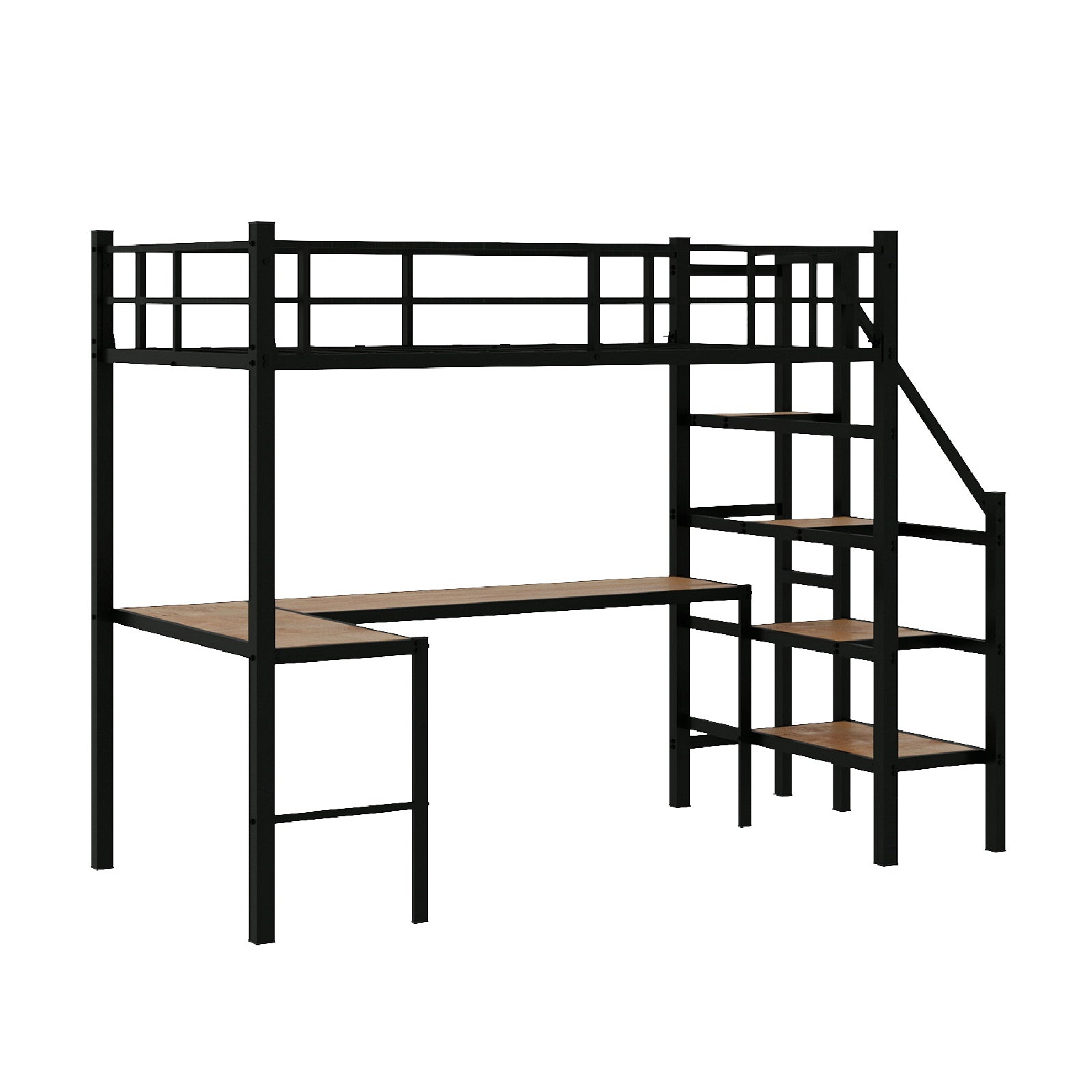 Loft bed with L-shaped desk, large storage space and storage compartments, sturdy bed frame with stairs, continuous belt railing, space-saving, noiseless, no elephant springs required