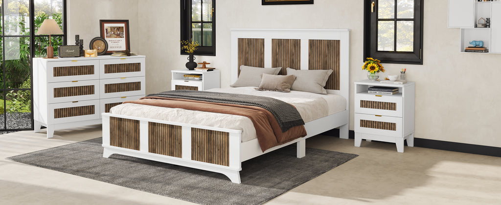 4-Pieces Bedroom Sets, Queen Size Farmhouse Platform Bed with Wooden Strip Stickers Decoration, Storage Nightstand and Dresser with Metal Handle