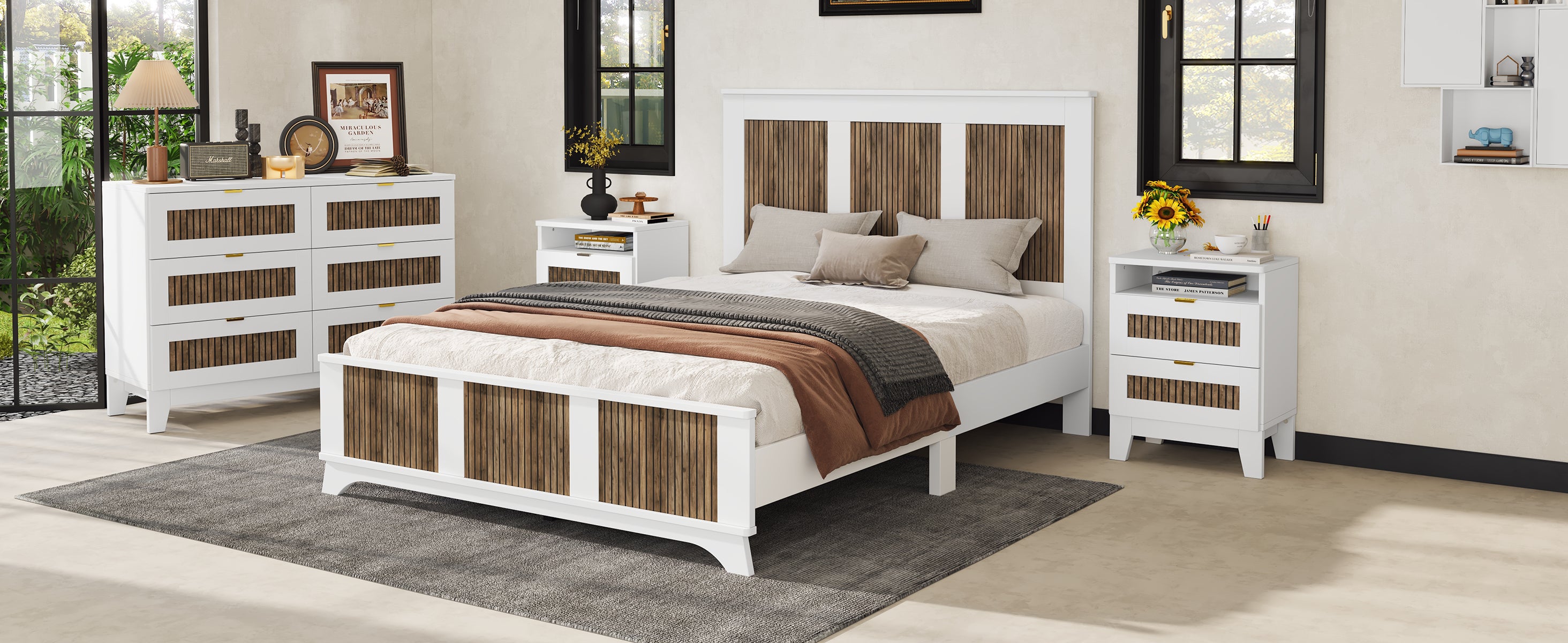 4-Pieces Bedroom Sets, Queen Size Farmhouse Platform Bed with Wooden Strip Stickers Decoration, Storage Nightstand and Dresser with Metal Handle