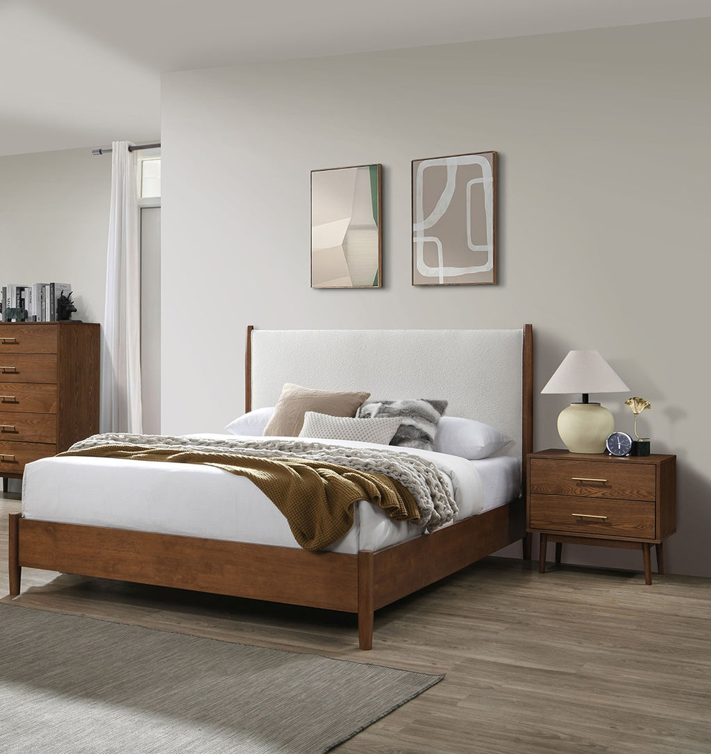 Walnut Color 3pc Bedroom Set Eastern King Size Bed 2x Nightstands Beige Upholstered Fabric Panel HB Mid-Century Modern Style