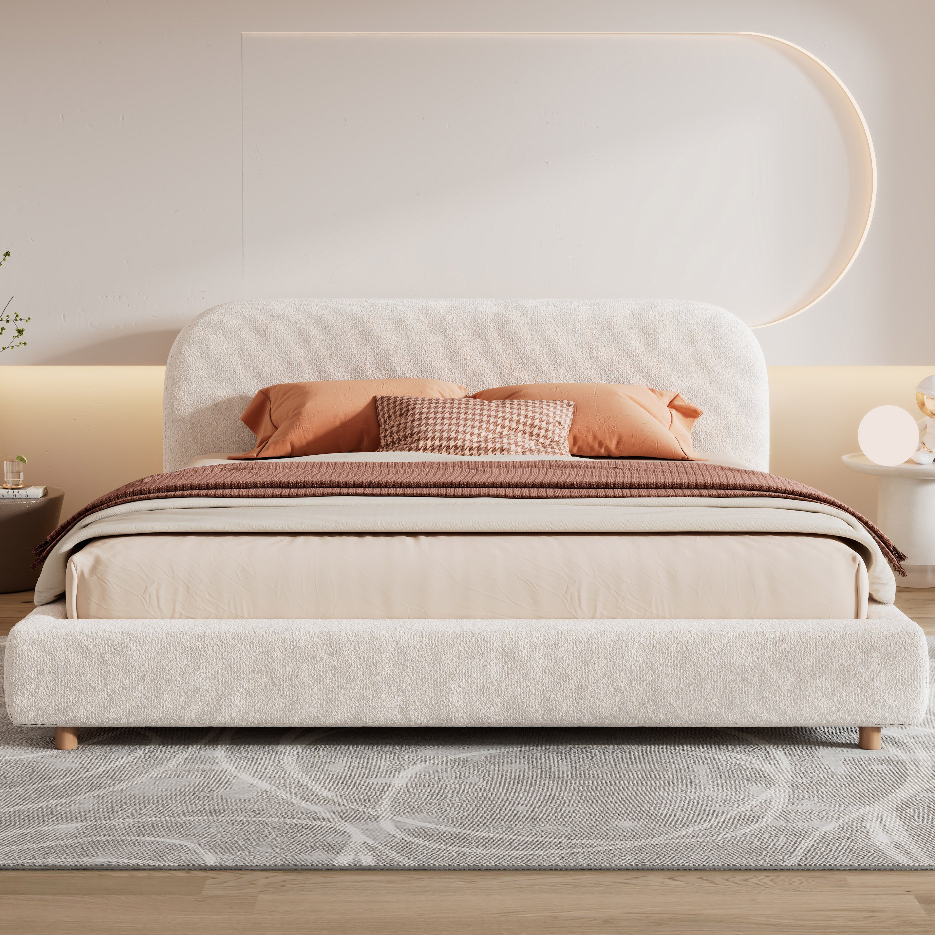 King Size Platform Bed with Boucle Fabric, Boucle Fabric Upholstered Platform Bed with Curve-Shaped Design Headboard, White, Easy Assembly