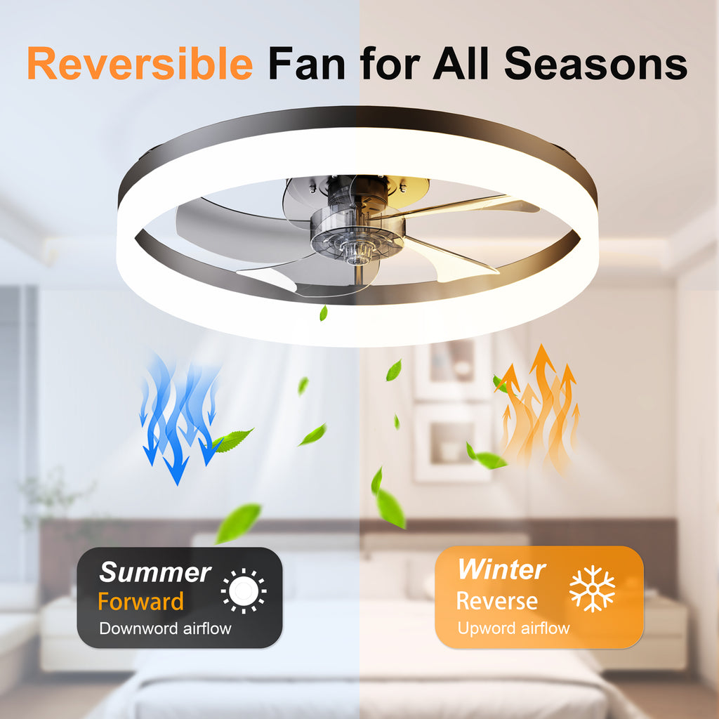 19.7'' LED Ceiling Fan Light with Remote & App Control, 6 Speeds, Dimmable, 3000K-6500K, Flush Mount BLACK Fandelier for Bedroom