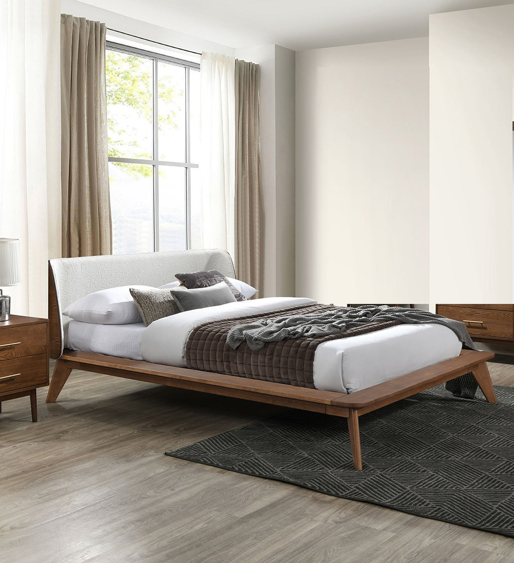 Gorgeous Walnut 3pc Bedroom Set King Size Bed 2x Nightstands Beige Upholstered Fabric Winged Edge Panel HB Mid-Century Modern Style