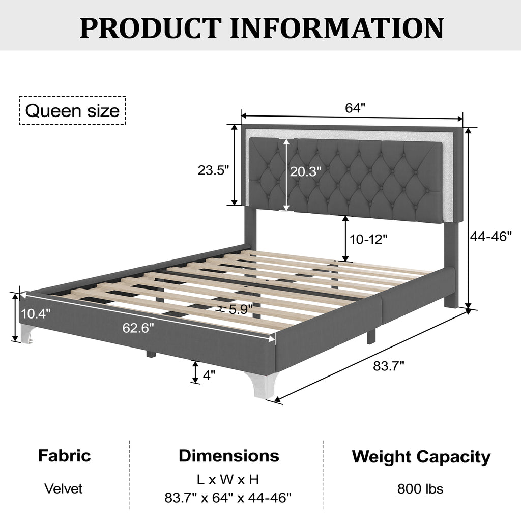 3-Pieces Bedroom Sets,Queen Size Upholstered Platform Bed with LED Lights and Two Nightstands-Gray