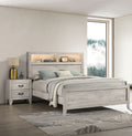 3pc Bedroom Furniture White wash Finish Queen Size Bed w Shelf Light 2x Nightstands Melamine Top Black Bar Pull