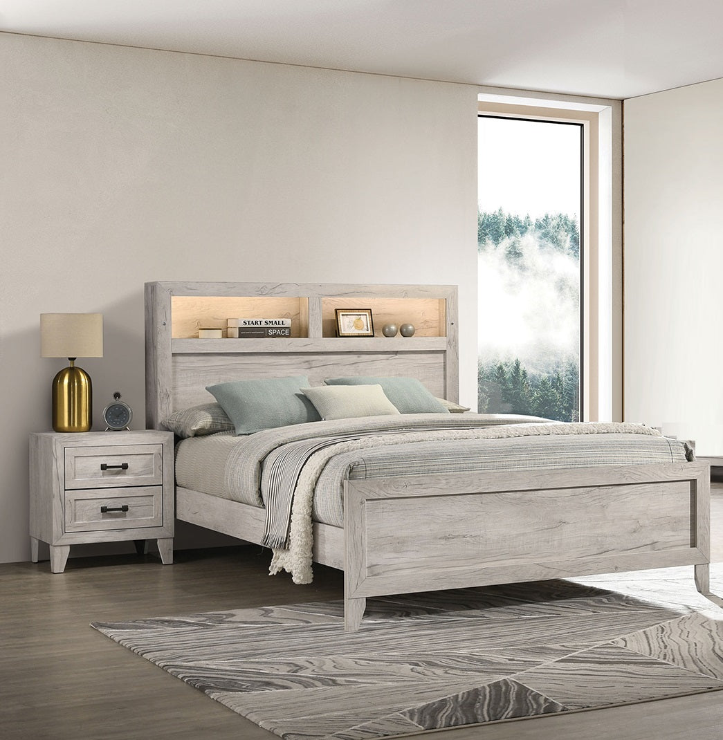 3pc Bedroom Furniture White wash Finish Queen Size Bed w Shelf Light 2x Nightstands Melamine Top Black Bar Pull