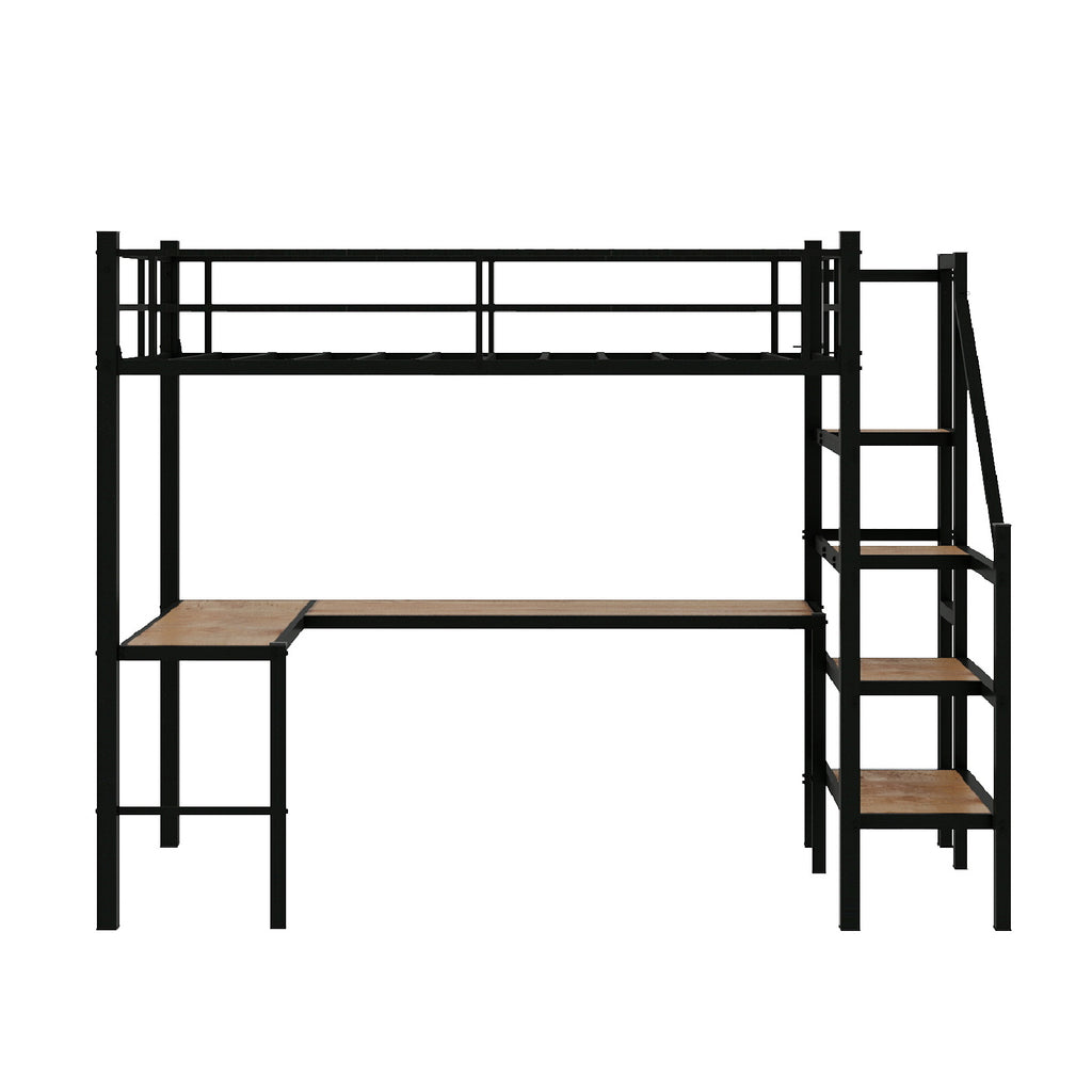 Loft bed with L-shaped desk, large storage space and storage compartments, sturdy bed frame with stairs, continuous belt railing, space-saving, noiseless, no elephant springs required