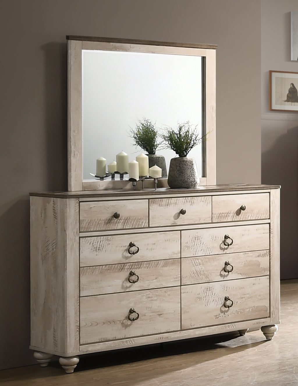 Qraawla Contemporary White Wash Finish 5-Piece Bedroom Set-King Bed, Dresser, Mirror, 2 Nightstands