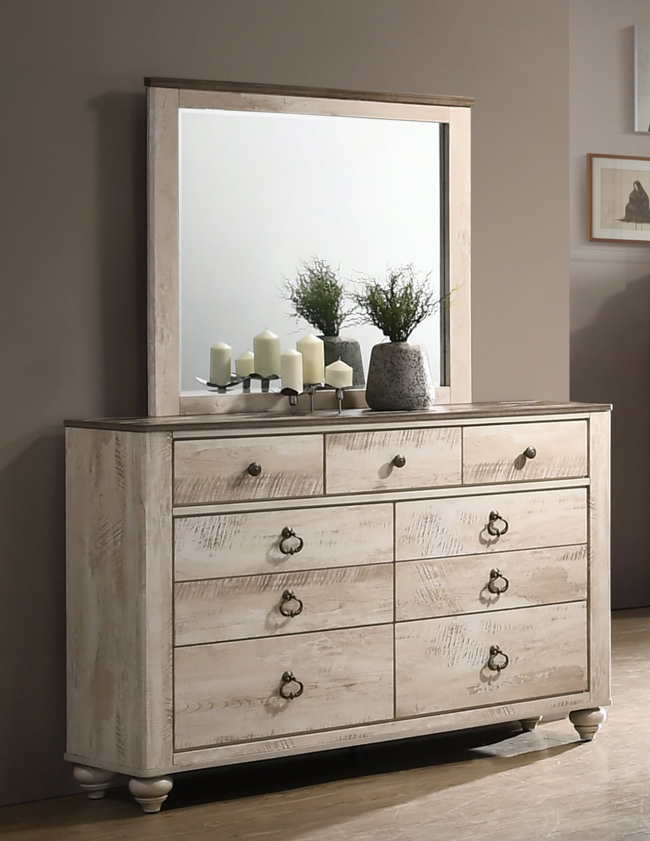 Qraawla Contemporary White Wash Finish 5-Piece Bedroom Set-King Bed, Dresser, Mirror, 2 Nightstands