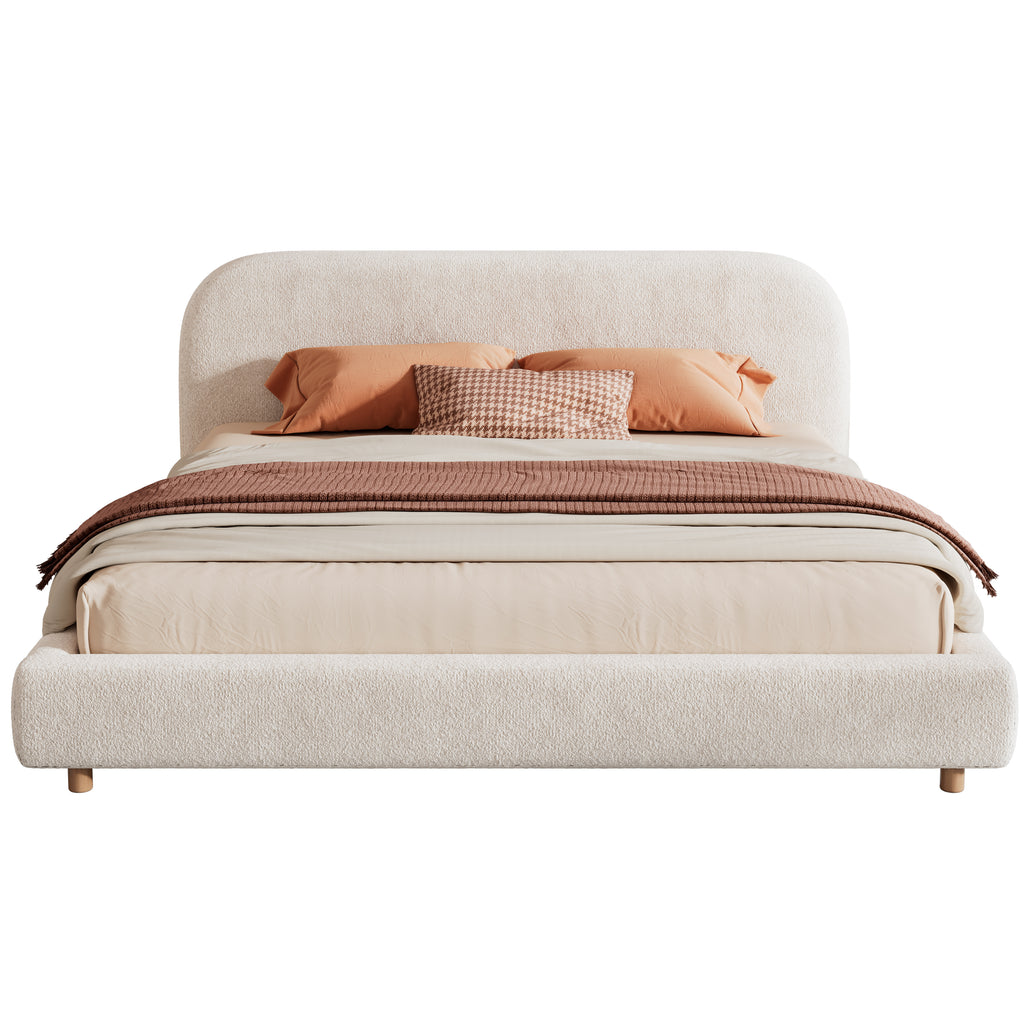 King Size Platform Bed with Boucle Fabric, Boucle Fabric Upholstered Platform Bed with Curve-Shaped Design Headboard, White, Easy Assembly