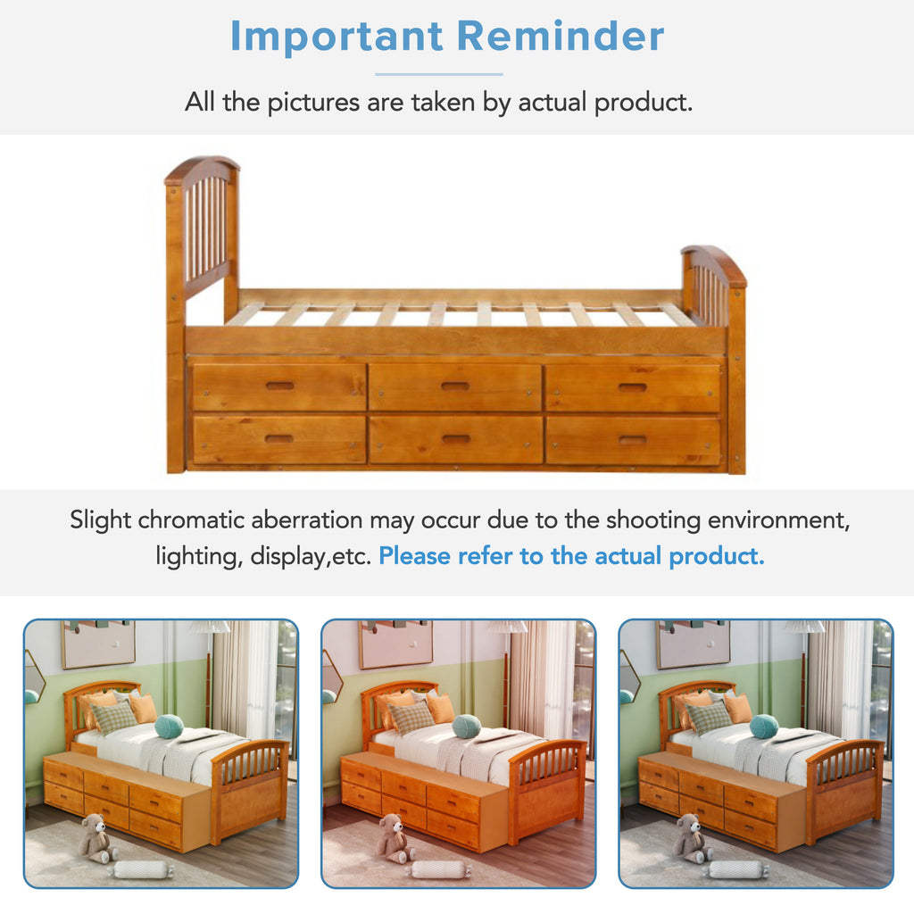 Twin Size Platform Storage Bed Solid Wood Bed with 6 Drawers