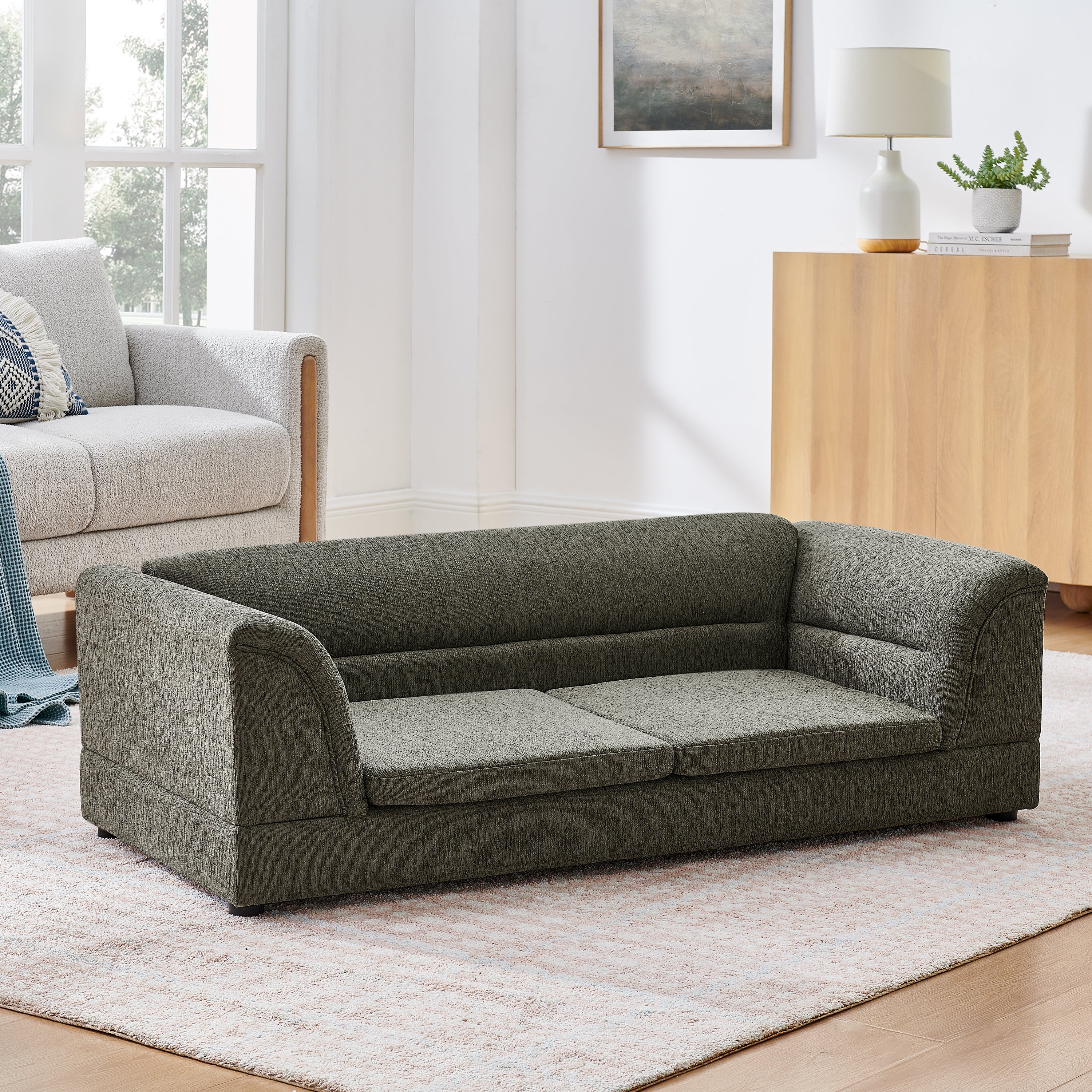 Oversized Pet Sofa, Curved Armrest Rectangular Dog Sofa, Linen Fabric Comfort Pet Couch for Large & Oversized Dogs-Dark Gray