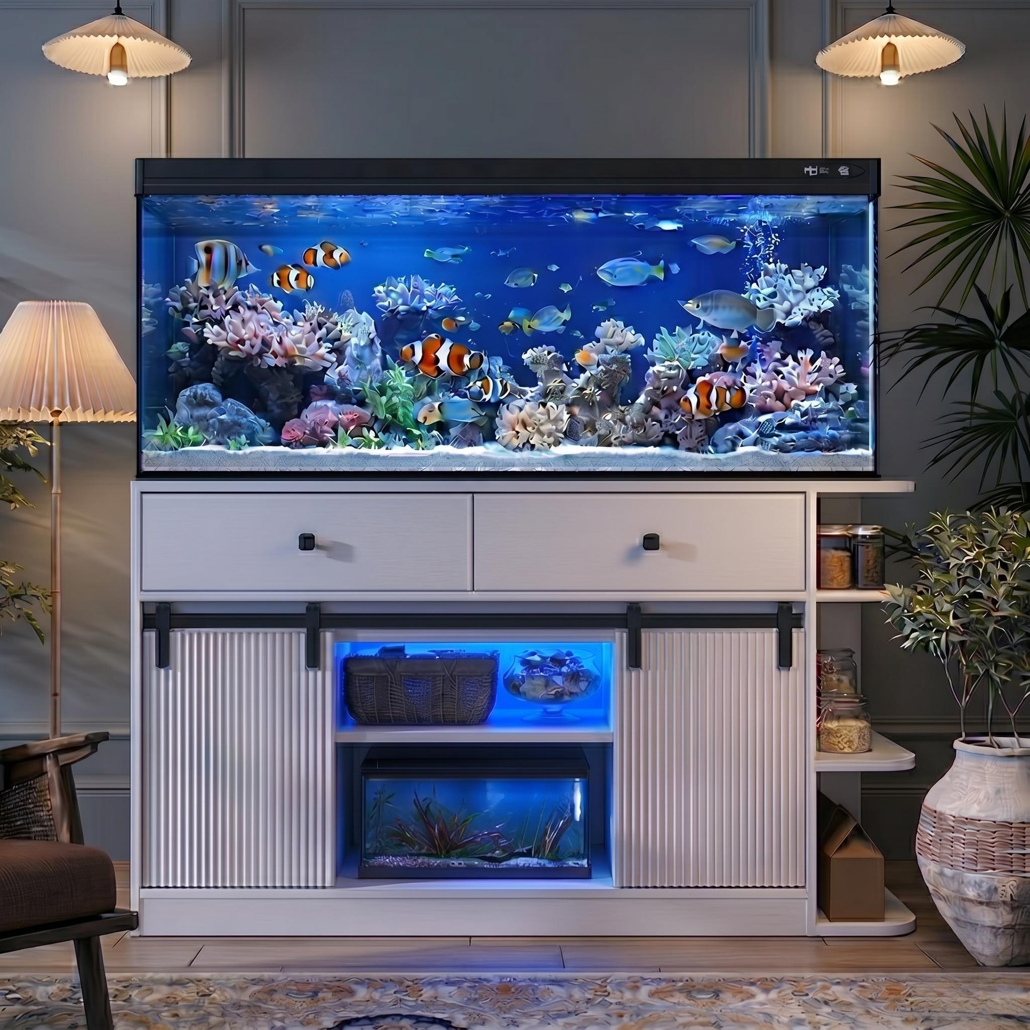 75 Gallon Fish Tank Stand with LED Light &Power Outlets, 55-75 Gallon Aquarium Stand with Sliding Fluted Doors, 2 Large Cabinet and Storage Shelves, Cabinet for 2 Fish Tank Accessories Storage,1200 LB
