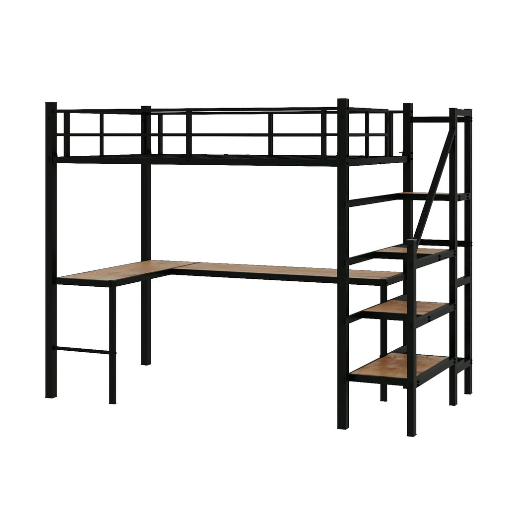 Loft bed with L-shaped desk, large storage space and storage compartments, sturdy bed frame with stairs, continuous belt railing, space-saving, noiseless, no elephant springs required