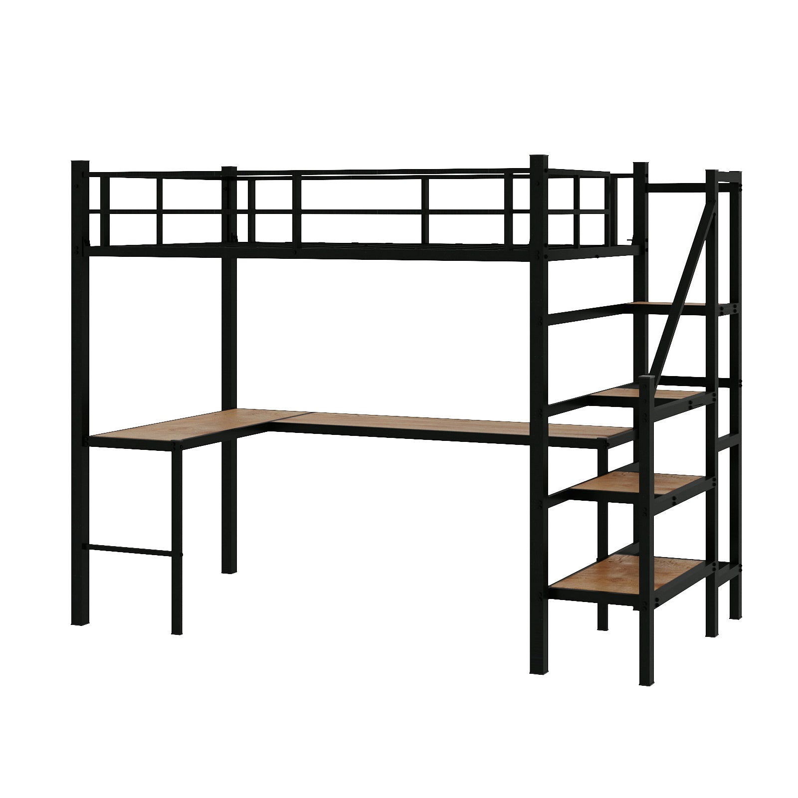 Loft bed with L-shaped desk, large storage space and storage compartments, sturdy bed frame with stairs, continuous belt railing, space-saving, noiseless, no elephant springs required