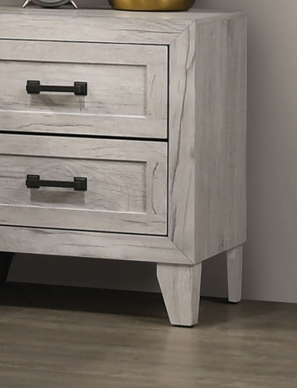 3pc Bedroom Furniture White wash Finish Queen Size Bed w Shelf Light 2x Nightstands Melamine Top Black Bar Pull