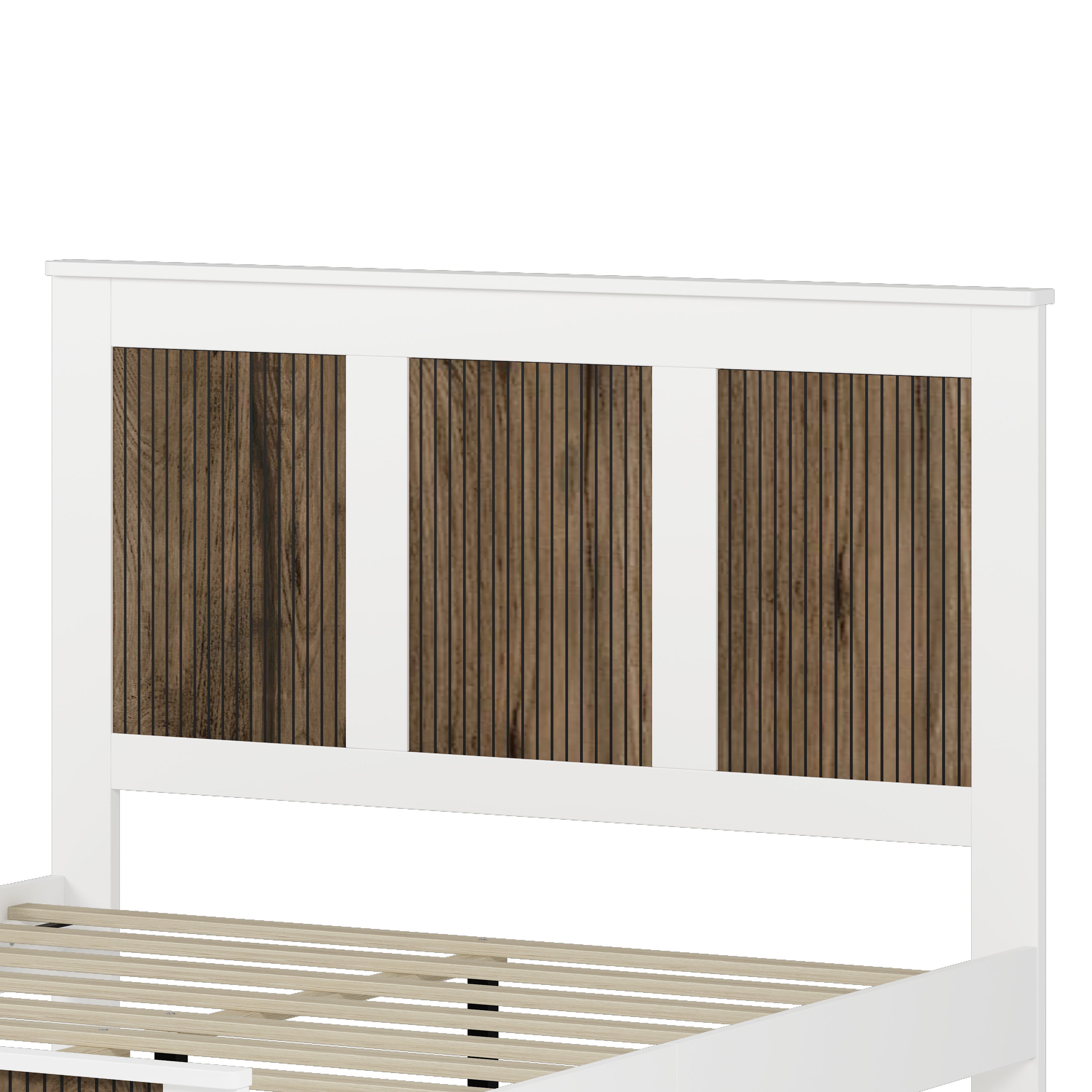4-Pieces Bedroom Sets, Queen Size Farmhouse Platform Bed with Wooden Strip Stickers Decoration, Storage Nightstand and Dresser with Metal Handle