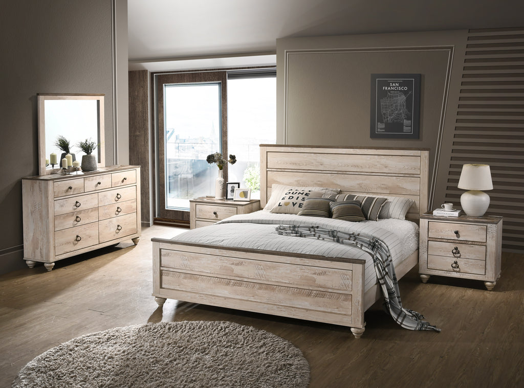 Qraawla Contemporary White Wash Finish 5-Piece Bedroom Set-King Bed, Dresser, Mirror, 2 Nightstands