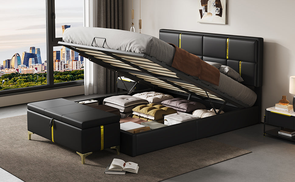 2-Pieces Bedroom Sets,Queen Size Upholstered Platform Bed with Hydraulic Storage System,Storage Ottoman with Metal Legs